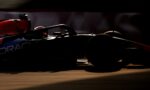Silhouetted Formula 1 car in motion on the track, with Oracle branding visible on the side.