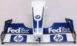 Front section of a Williams Formula 1 car with BMW logo, blue and white livery, sponsor decals FedEx and HP.