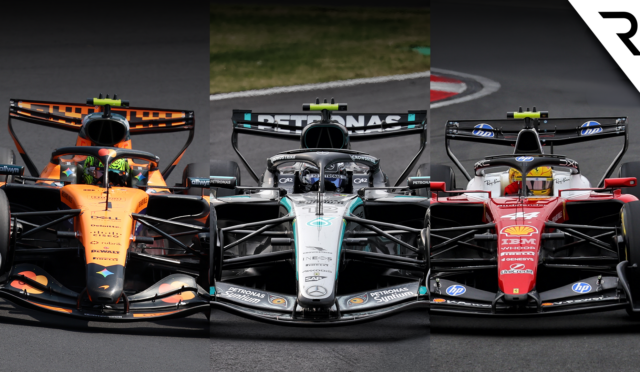 Three Formula 1 cars lined up on a race track from a front-on angle: orange McLaren on the left, silver Mercedes in the middle, and red Ferrari on the right with prominent rear wings and sponsor logos.