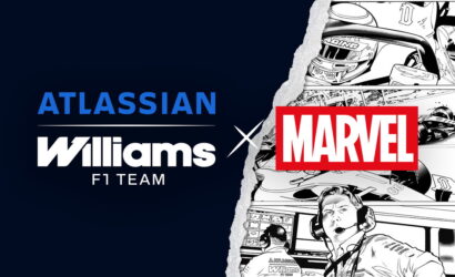Collage announcing Atlassian Williams F1 Team x Marvel partnership, torn-paper split between dark blue left side and Marvel comic panels on the right.