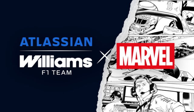 Collage announcing Atlassian Williams F1 Team x Marvel partnership, torn-paper split between dark blue left side and Marvel comic panels on the right.