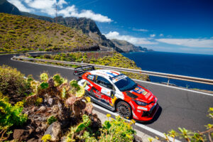 Red rally car navigating a winding coastal mountain road with blue sea in the background and guardrails nearby.
