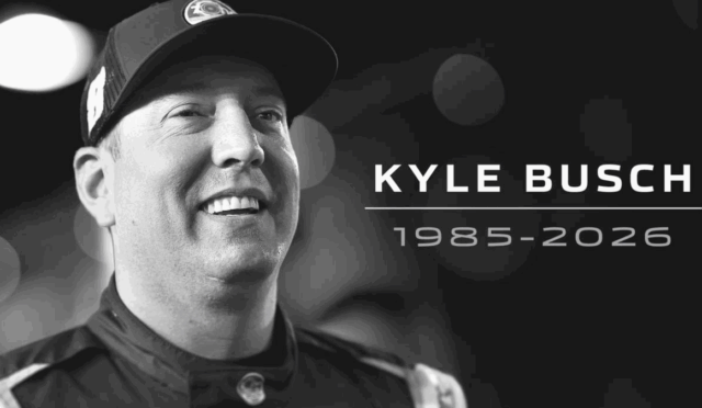 Tribute banner for NASCAR driver Kyle Busch, showing his name and the years 1985–2026 against a dark, bokeh background.