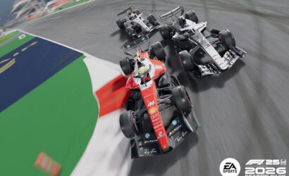 Three Formula 1 cars speed around a bend on a race track, with motion blur and the F1 2025 Season Pack branding in the corner.