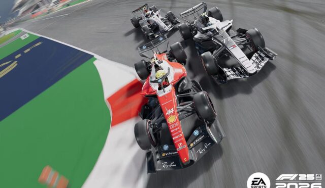 Three Formula 1 cars speed around a bend on a race track, with motion blur and the F1 2025 Season Pack branding in the corner.
