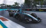 Formula 1 race cars following each other on a Miami street circuit, nose-to-tail as they brake into a turn laded with sponsor banners behind safety barriers.