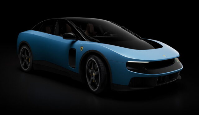 Blue Ferrari sports car in a dark studio, front three-quarter view highlighting its sleek curves and emblem on the fender.