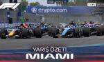 Formula 1 cars racing side by side on a Miami circuit, with a blue banner in the background and 'YARIŞ ÖZETİ MIAMI' text overlay.