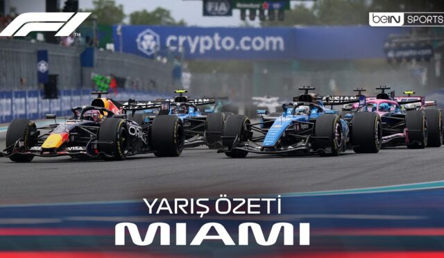 Formula 1 cars racing side by side on a Miami circuit, with a blue banner in the background and 'YARIŞ ÖZETİ MIAMI' text overlay.