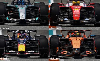 Front-view collage of four Formula One cars from Mercedes, Ferrari, Red Bull, and McLaren lined up on track.