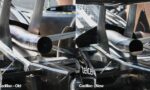 Split image comparing Cadillac race car rear ends: left shows the old version with worn exhaust and exposed structure; right shows the new version with polished exhaust and advanced carbon fiber components.