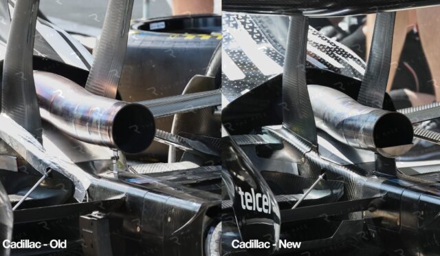 Split image comparing Cadillac race car rear ends: left shows the old version with worn exhaust and exposed structure; right shows the new version with polished exhaust and advanced carbon fiber components.