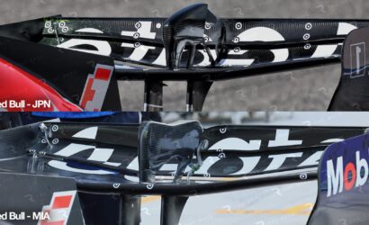 Close-up of a carbon-fiber race car wing with Red Bull branding and the caption 'Red Bull - JPN' overlayed