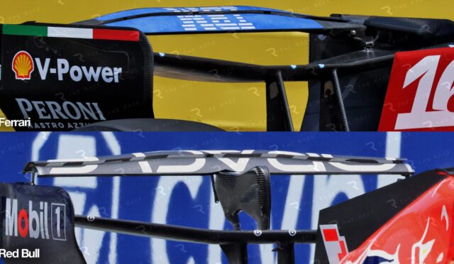 Close-up of race car rear wings with sponsor logos including V-Power, Peroni, Ferrari, and Red Bull.