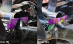 Side-by-side view of a Ferrari race car's rear: left shows older exposed_carbon fiber internals; right shows newer streamlined rear ducting and smoother bodywork with purple tape.