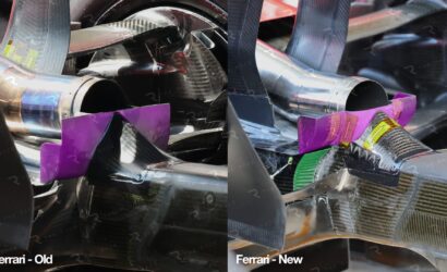 Side-by-side view of a Ferrari race car's rear: left shows older exposed_carbon fiber internals; right shows newer streamlined rear ducting and smoother bodywork with purple tape.