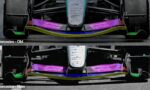 Front-on view of a Mercedes Formula One car, showing two car fronts side by side: the top labeled 'Mercedes - Old' with a purple Petronas Syntium wing, and the bottom labeled 'Mercedes - New' with the redesigned front wing and similar branding.