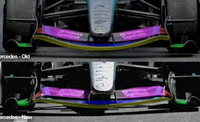 Front-on view of a Mercedes Formula One car, showing two car fronts side by side: the top labeled 'Mercedes - Old' with a purple Petronas Syntium wing, and the bottom labeled 'Mercedes - New' with the redesigned front wing and similar branding.