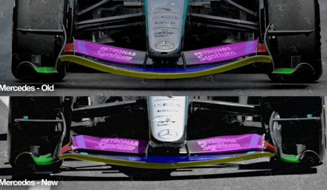 Front-on view of a Mercedes Formula One car, showing two car fronts side by side: the top labeled 'Mercedes - Old' with a purple Petronas Syntium wing, and the bottom labeled 'Mercedes - New' with the redesigned front wing and similar branding.