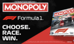 Monopoly Formula 1 promotional banner showing the game box with the 'Choose. Race. Win.' slogan on a black and red background.