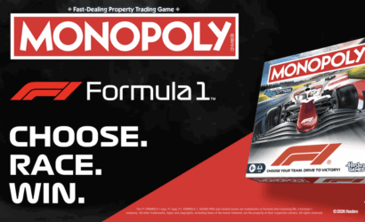 Monopoly Formula 1 promotional banner showing the game box with the 'Choose. Race. Win.' slogan on a black and red background.