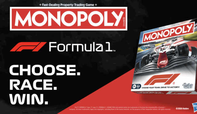 Monopoly Formula 1 promotional banner showing the game box with the 'Choose. Race. Win.' slogan on a black and red background.