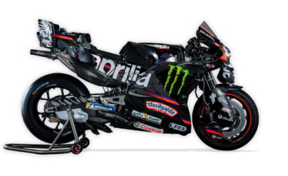 Racing sport motorcycle with sponsor logos on a stand, black and blue livery featuring Monster Energy and Aprilia branding.