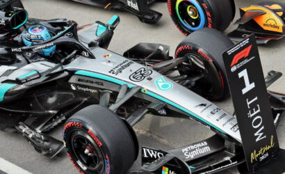 Mercedes-AMG F1 car on display with a Montreal 2026 banner and sponsor logos visible.