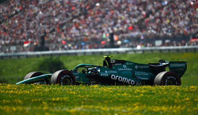Green Formula 1 car on a race track with a cheering crowd in the blurred background and yellow flowers in the foreground.