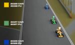 Aerial view of three Formula-style race cars in blue, green, and orange on a race track, with color swatches and labels for 2028, 2027, and 2026 PU and car data on the left.