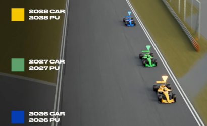 Aerial view of three Formula-style race cars in blue, green, and orange on a race track, with color swatches and labels for 2028, 2027, and 2026 PU and car data on the left.