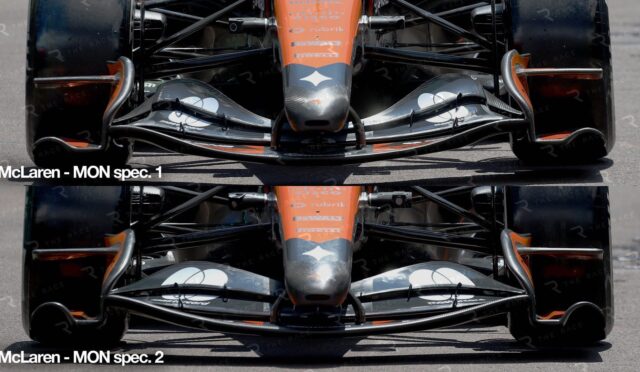 Front-on view of a McLaren Formula 1 car showing the orange nose and detailed front wing in MON spec 1