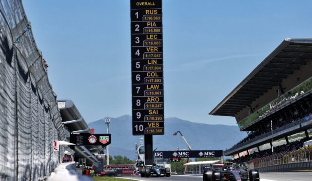 Tall race timing board near pit lane listing driver codes (RUS, PIA, LEC, etc.) and lap times on a sunny day while Formula 1 cars race by nearby.