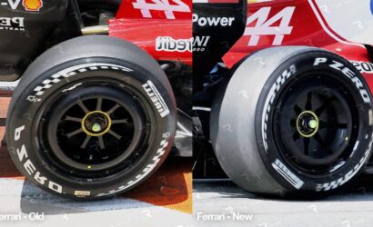 Side-by-side comparison of Ferrari race wheels: left shows old tire with white lettering, right shows newer tire with updated branding on a red car