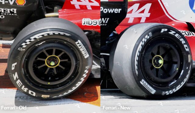 Side-by-side comparison of Ferrari race wheels: left shows old tire with white lettering, right shows newer tire with updated branding on a red car
