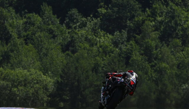 Motorcycle racer in red/black leathers leans into a corner on a race track with dense green trees in the background at high speed.