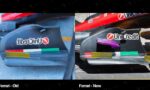 Side-by-side Ferrari F1 rear wings labeled Old and New, showing design changes and sponsor logos.
