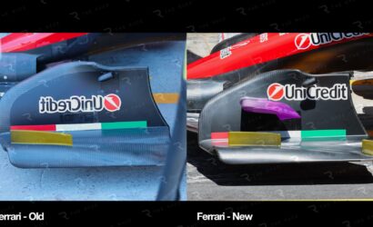 Side-by-side Ferrari F1 rear wings labeled Old and New, showing design changes and sponsor logos.