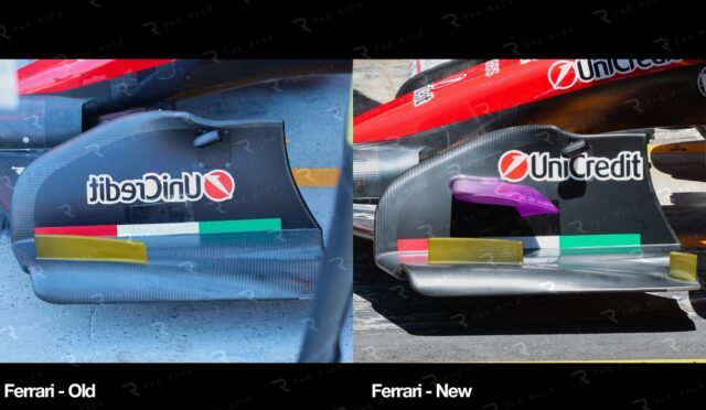 Side-by-side Ferrari F1 rear wings labeled Old and New, showing design changes and sponsor logos.