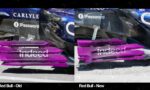 Split image showing old and new Red Bull race cars: left with older bodywork and purple 'indeed' panels, right with updated design.