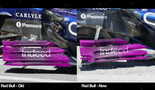 Split image showing old and new Red Bull race cars: left with older bodywork and purple 'indeed' panels, right with updated design.