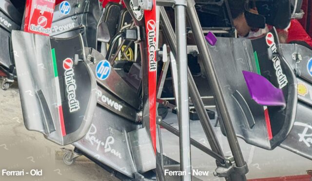 Close-up of Ferrari F1 front wing components with carbon fiber panels and sponsor logos, showing old vs. new versions labeled at the bottom left and right.