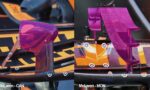 Close-up of purple cockpit component and wing on an orange McLaren Formula 1 car.