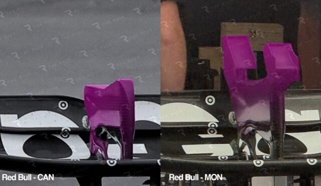 Close-up of a car instrument panel with two purple shift paddles and event labels ‘Red Bull - CAN’ and ‘Red Bull - MON’ at the bottom.