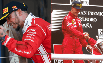 Split image of a Formula 1 driver in a red racing suit on the podium: left panel shows him leaning on a railing wearing a Pirelli cap, right panel shows him shaking hands with a trophy nearby and smiling.