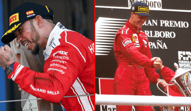 Split image of a Formula 1 driver in a red racing suit on the podium: left panel shows him leaning on a railing wearing a Pirelli cap, right panel shows him shaking hands with a trophy nearby and smiling.