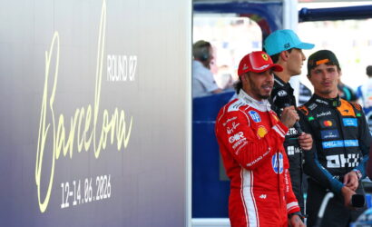 Promotional banner reading 'London' with 'Round 37' and '12-14.06.2026' beside three Formula 1 drivers in racing suits.