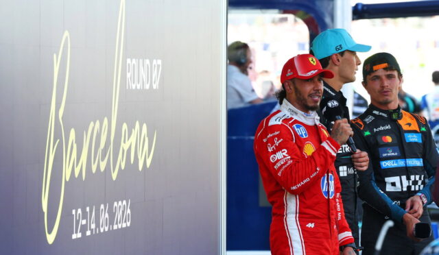 Promotional banner reading 'London' with 'Round 37' and '12-14.06.2026' beside three Formula 1 drivers in racing suits.