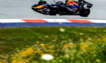 Red Bull Formula 1 car speeds along a race track; foreground shows blurred green grass and yellow flowers.
