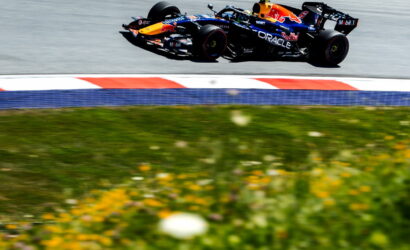 Red Bull Formula 1 car speeds along a race track; foreground shows blurred green grass and yellow flowers.